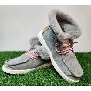 Hey Dude Britt youth girls Size 13 boho fold slip on shoes boots grey pink faux